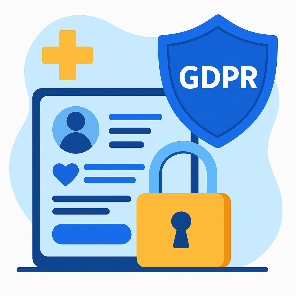 Ilustración de un perfil médico digital en una pantalla con un símbolo de corazón, un candado amarillo, un escudo con la etiqueta GDPR y una cruz médica, que representa la protección de datos y la privacidad en la atención sanitaria.